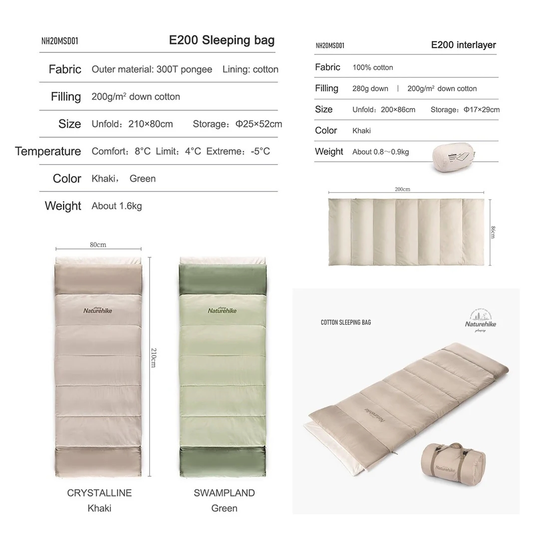 کیسهخواب طبیعتگردی Naturehike NH20MSD01 (مدل E200 – Envelope + اینترلِیر) - تصویر 3